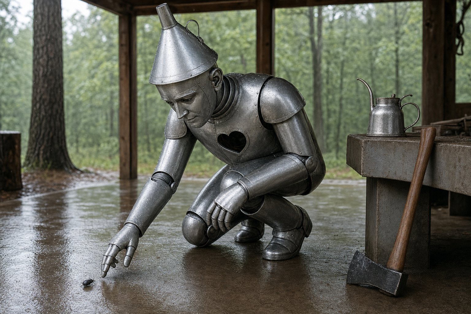 The silver Tin Woodman kneeling in a woodland shelter after rain, moving a beetle away from the bench, oil can by the stump