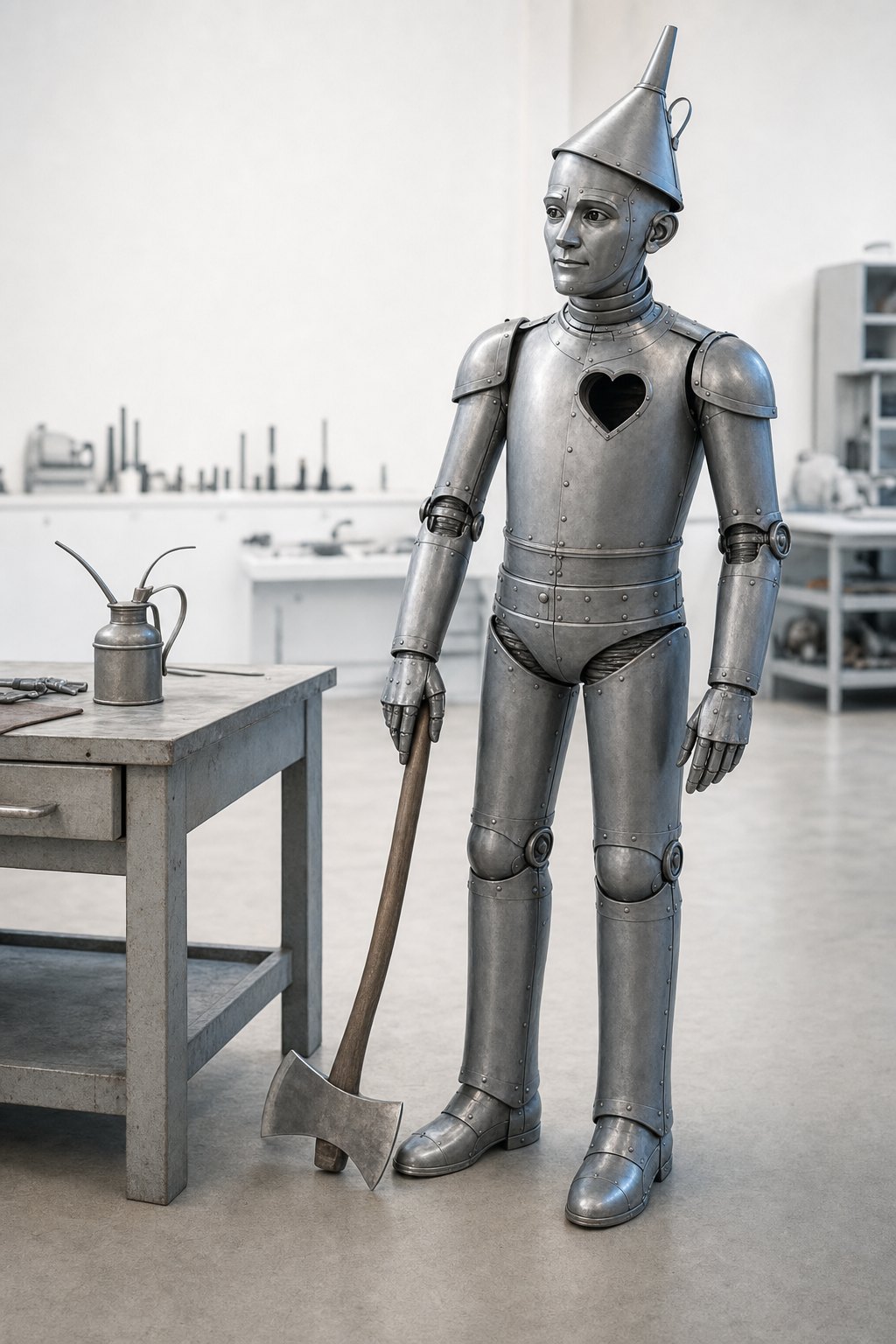 Full length silver Tin Woodman standing beside an inspection bench with an oil can and an axe resting blade down