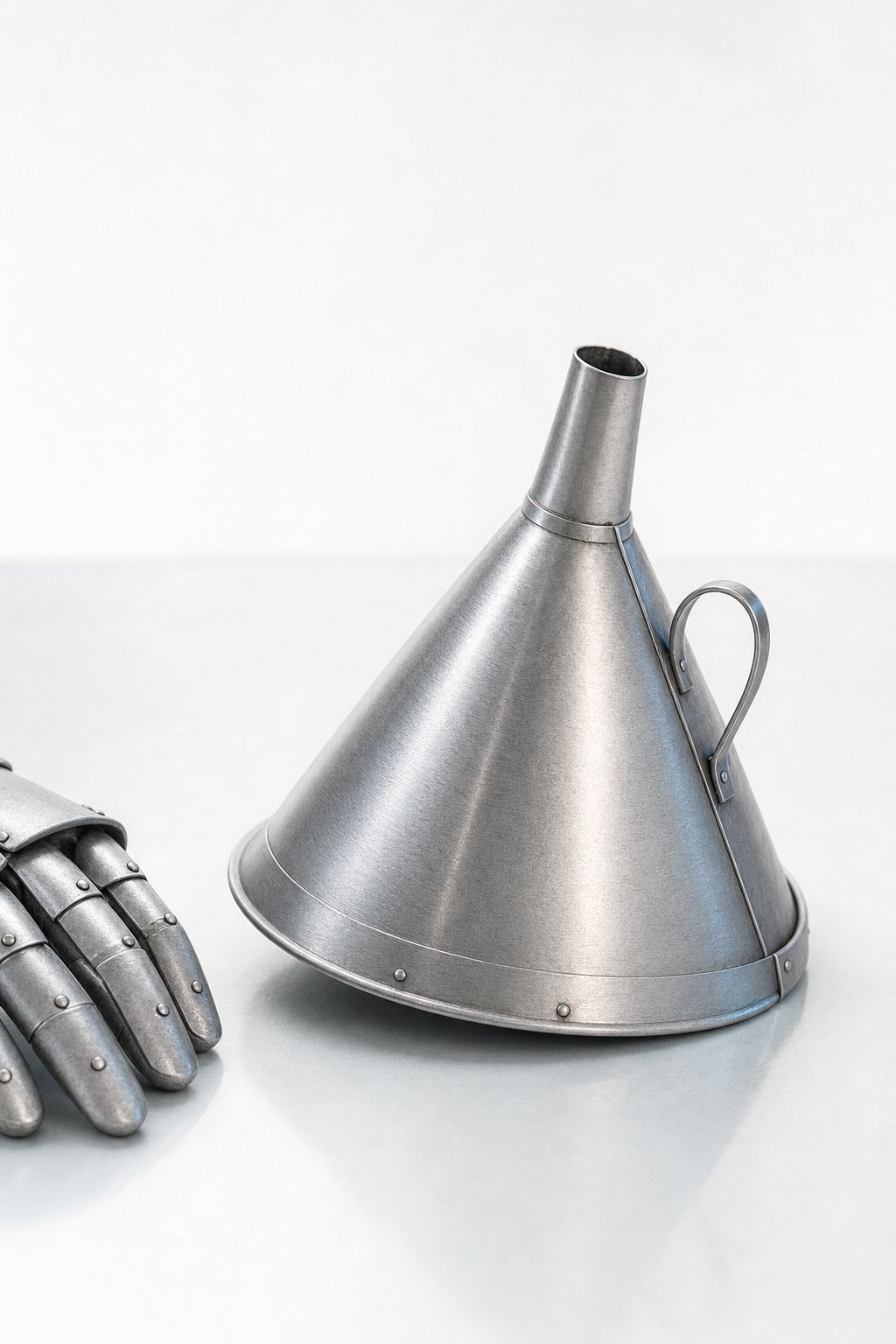 The asymmetrical funnel cap resting on an inspection bench beside a silver hand