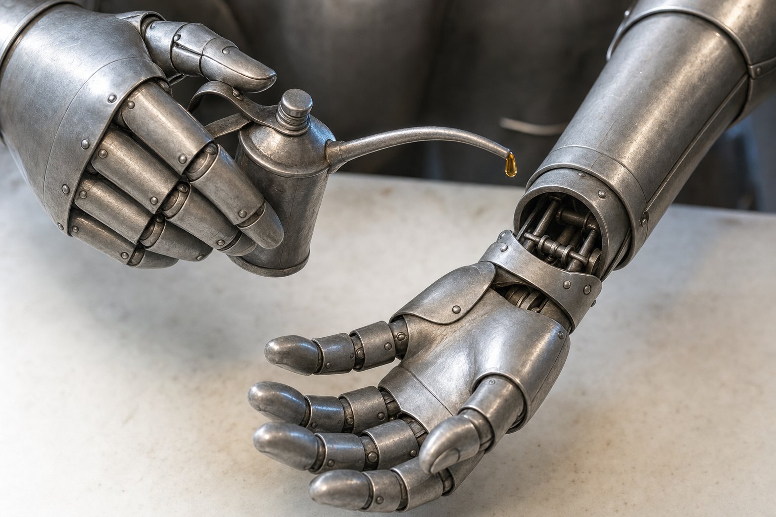 Articulated silver hands holding a small oil can and exposing a wrist hinge