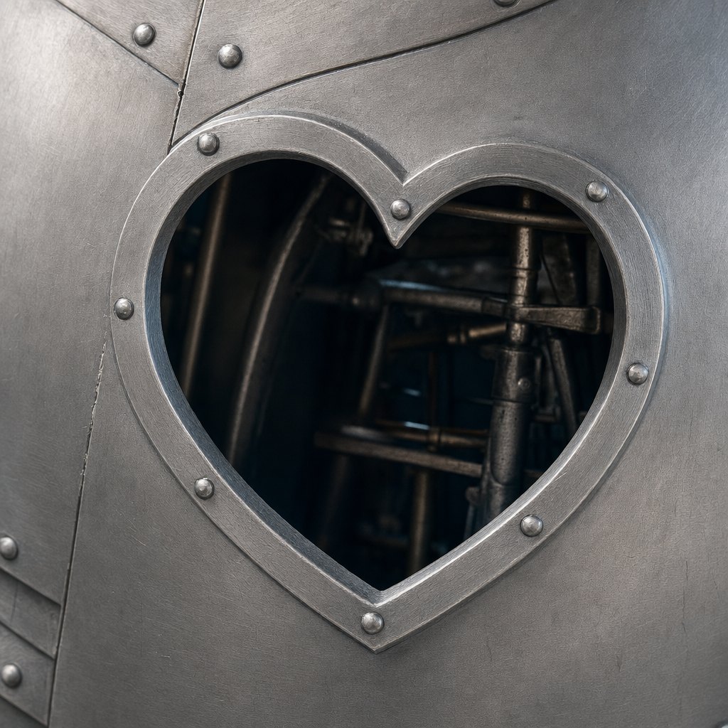 Close detail of the heart shaped opening cut through a brushed silver chest plate
