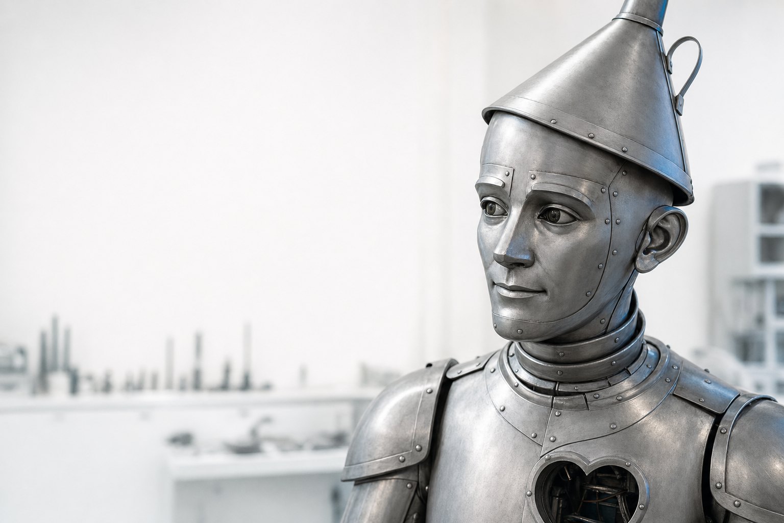 A lifelike silver Tin Woodman, brushed metal plates and a funnel cap, looking toward the inspection sheet