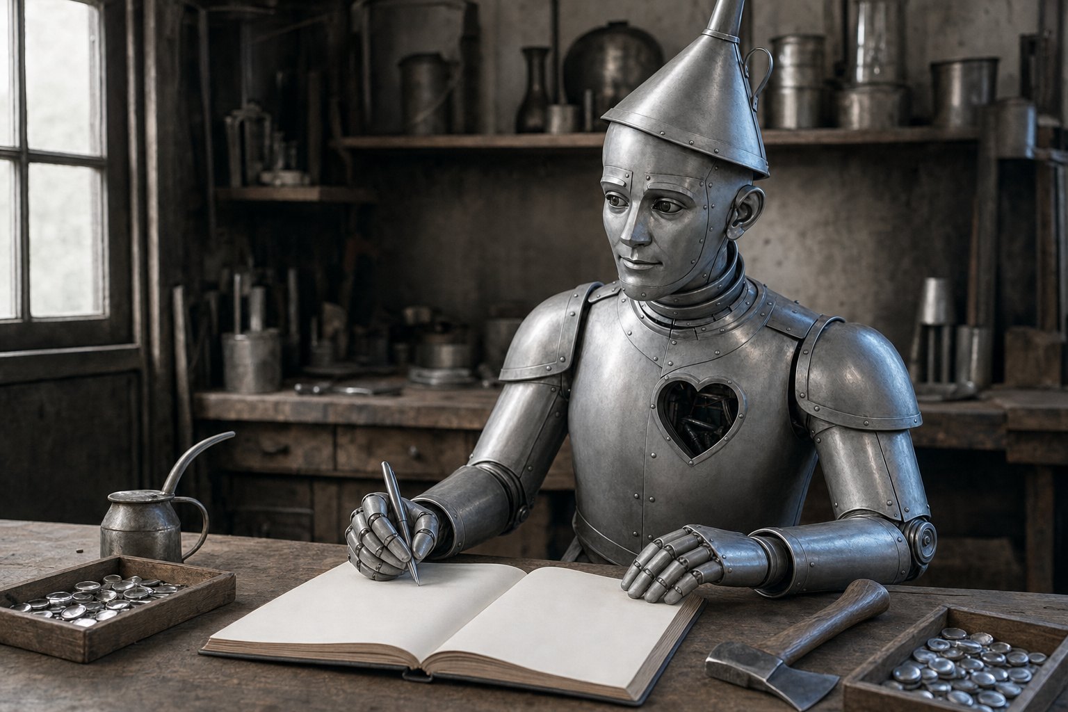 The Tin Woodman at a wooden desk with an open blank ledger and two trays of counters