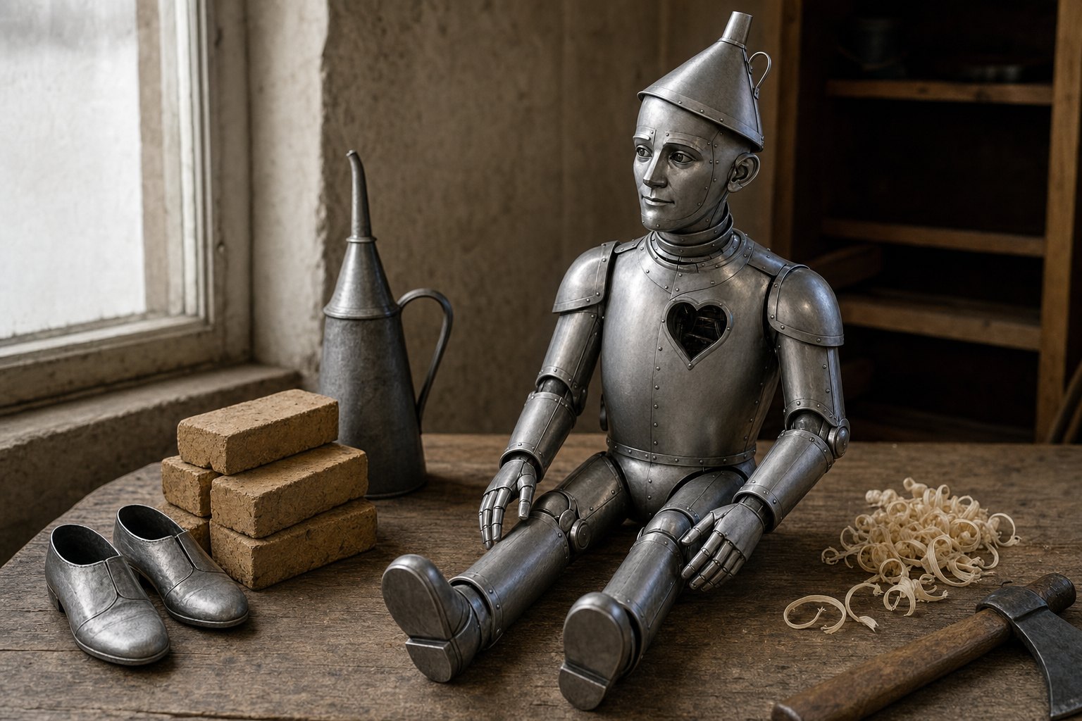 Silver shoes beside yellow bricks, a tin oil can and wood shavings