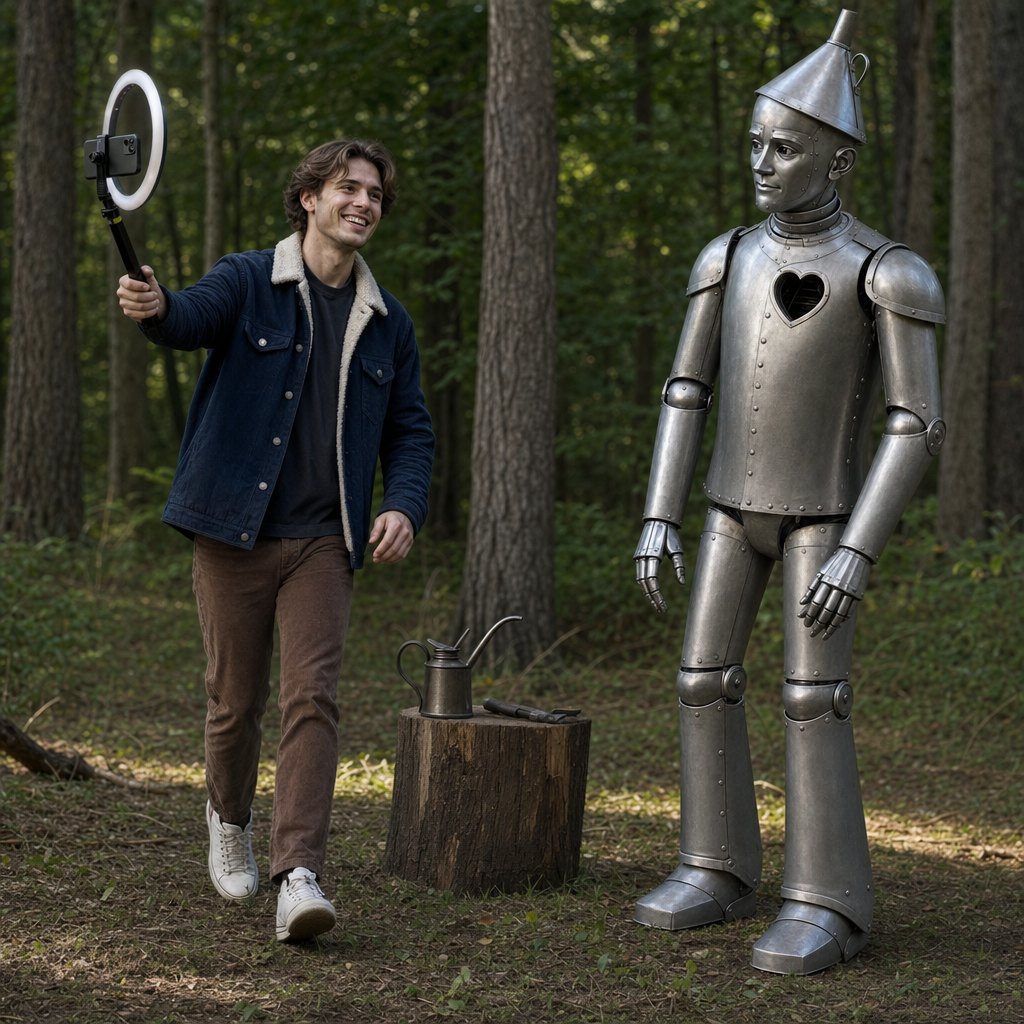 An influencer with a ring light strides into the Tin Woodman's clearing