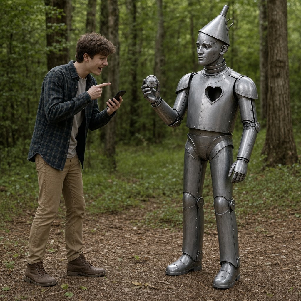 The influencer gestures to his phone while the Woodman holds up a plain timer