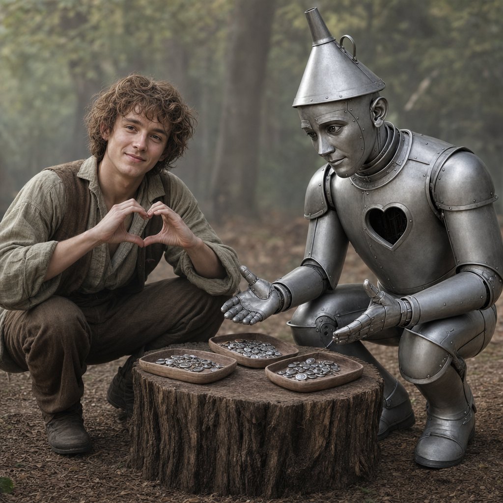 The influencer makes a heart with his fingers while the Woodman presents three trays of counters