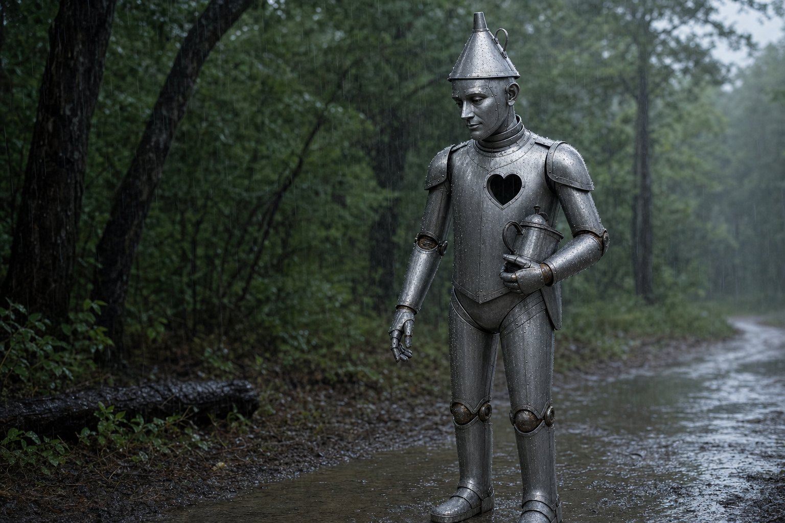 The Tin Woodman standing in the rain, rusting at the joints, oil can held under his arm