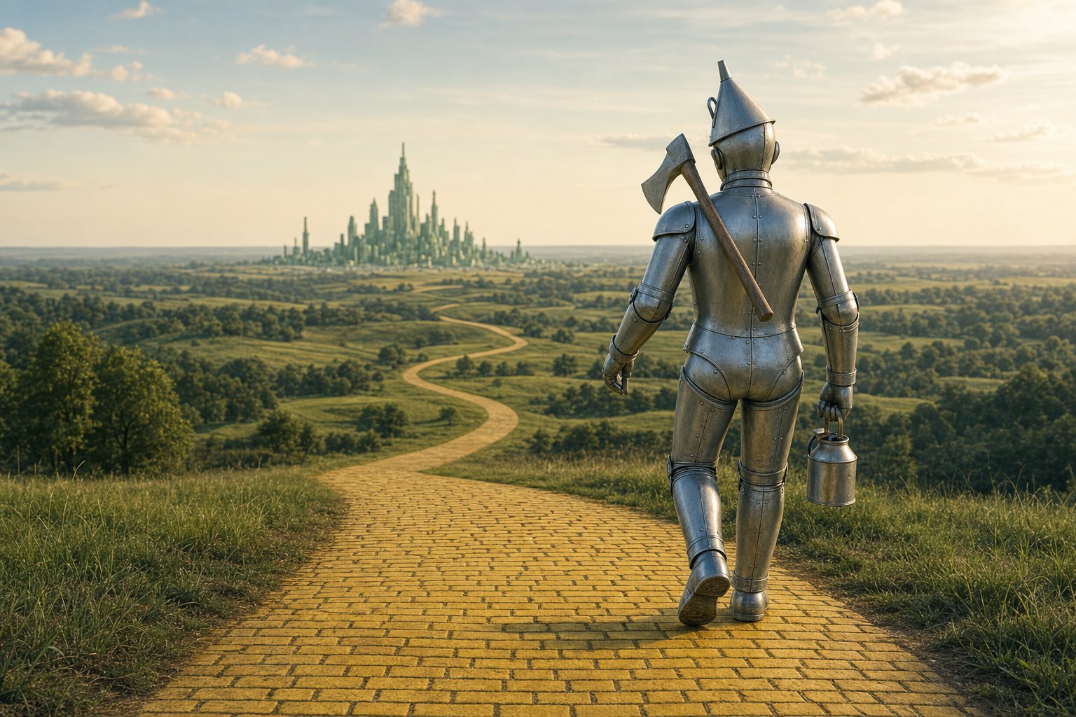 A yellow brick road winding through green fields toward a distant green city, the Tin Woodman walking it with his oil can