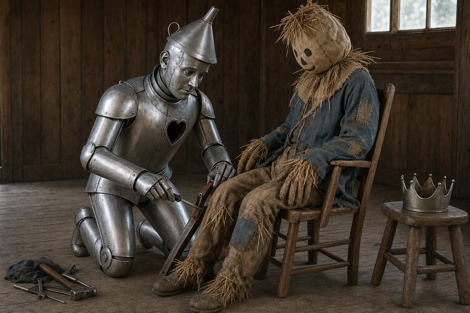 The Tin Woodman with his crown set aside on a stool, repairing a wooden chair for a visitor